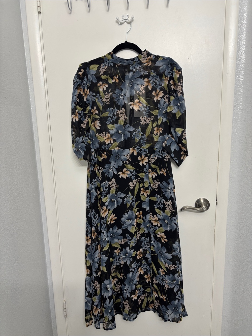 Black Floral Midi Dress with Blue and Cream Blooms
